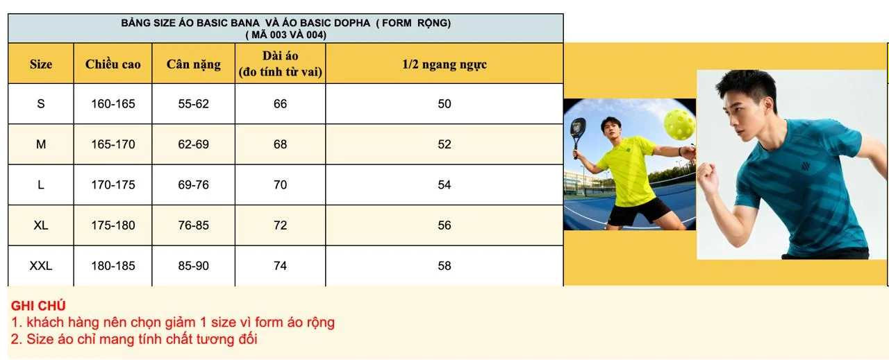 Bảng size áo Basic BANA và DOPHA form rộng TR3