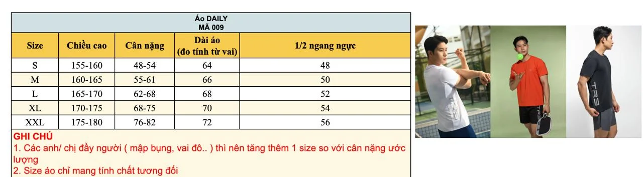 Bảng size áo thể thao DAILY TR3