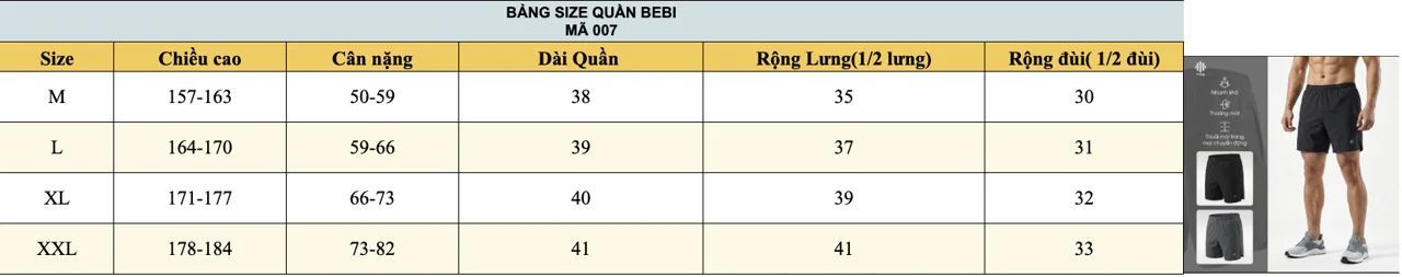 Bảng size quần short BEBI TR3