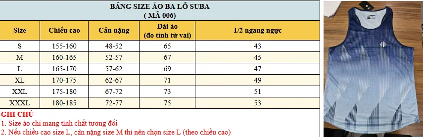 Bảng size áo ba lỗ SUBA TR3 theo chiều cao cân nặng