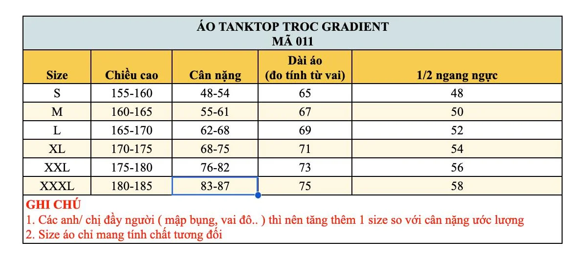 Bảng size áo tanktop TROC Gradient TR3